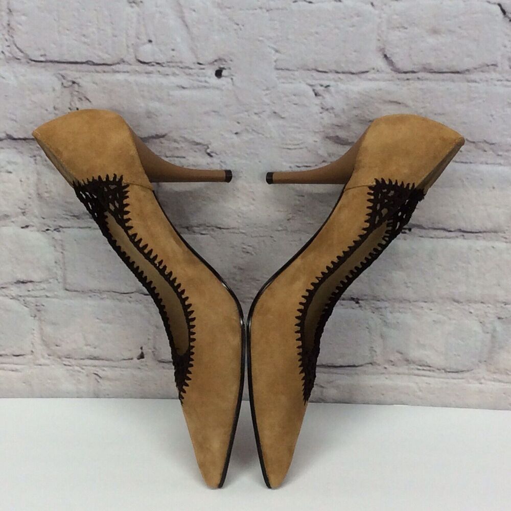 Ann Marino Leather Suede Pump Shoes Womens Size 7.5 Tan/Black Crochet Trim Heels - Picture 10 of 12